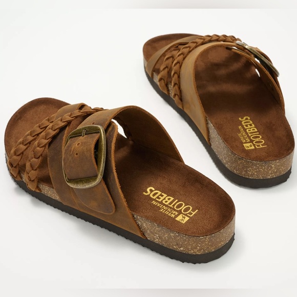 White Mountain Shoes - White Mountain Brown Leather Sandals Braided Straps Large Brass Buckle SZ 6